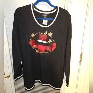 Torrid Black Sweater with Red Plaid Lips Design